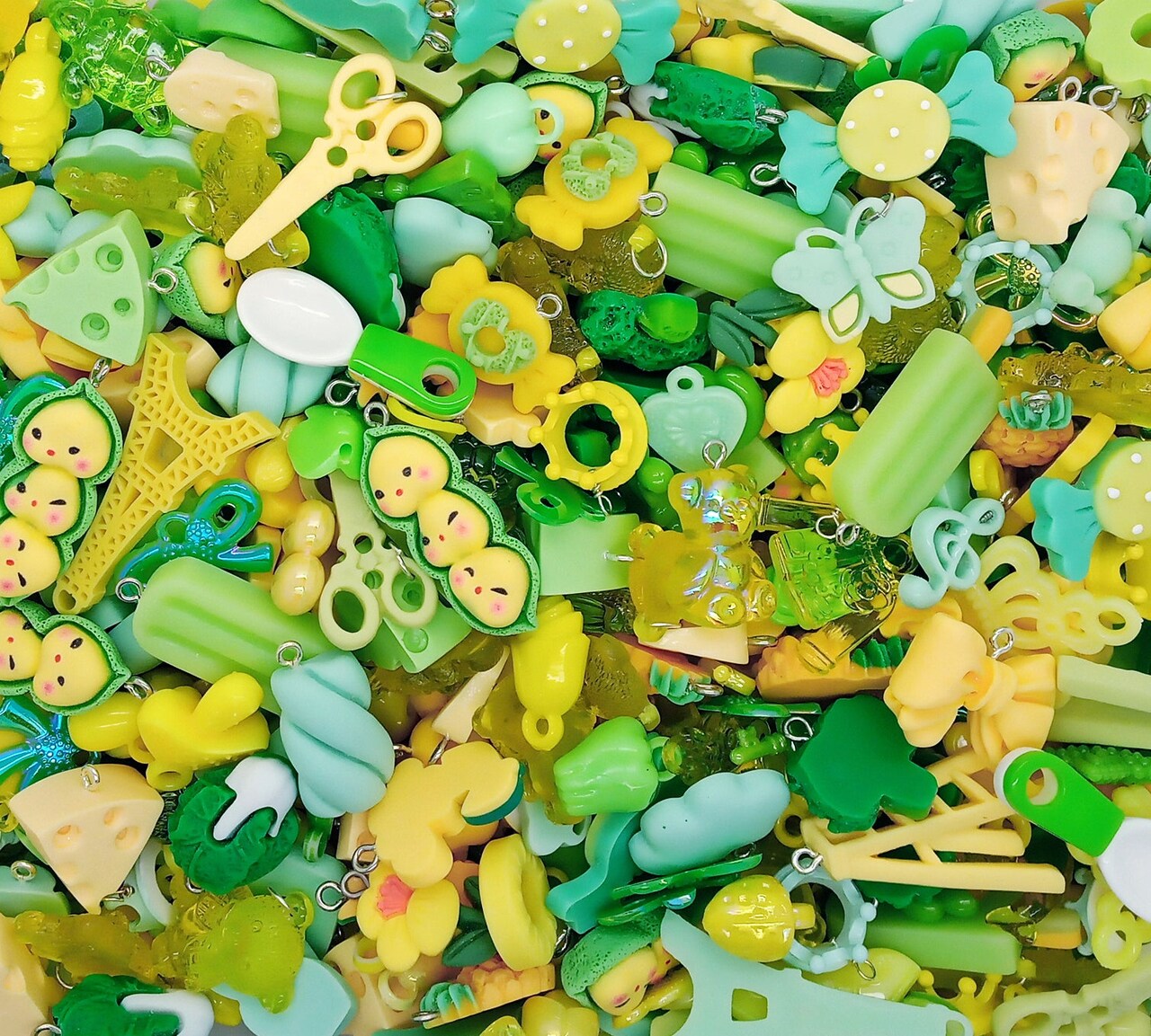 Cute Charm Mix in Green & Yellow, 30 pieces, Kawaii Resin and Acrylic Mix, Adorabilities